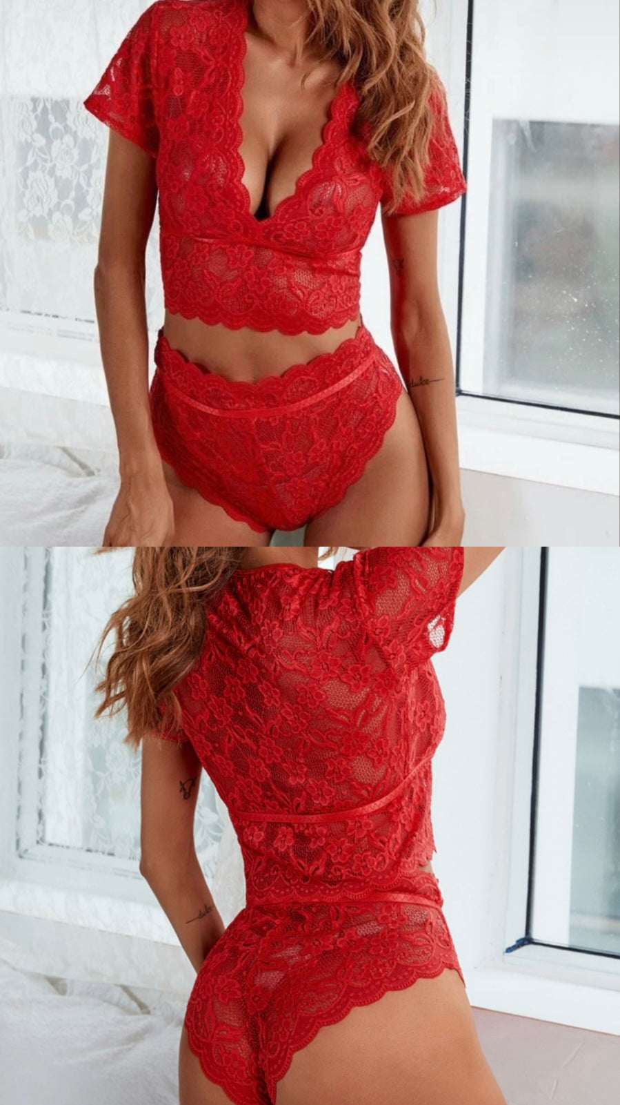 Conjunto rojo de encaje con top y tanga de tiro alto