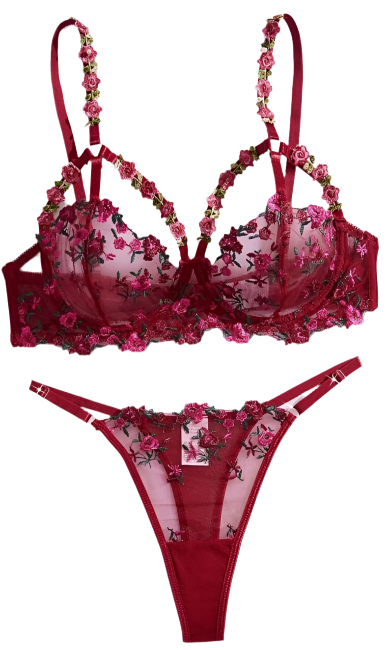 Conjunto de Lencería Vino con Bordados Rosas