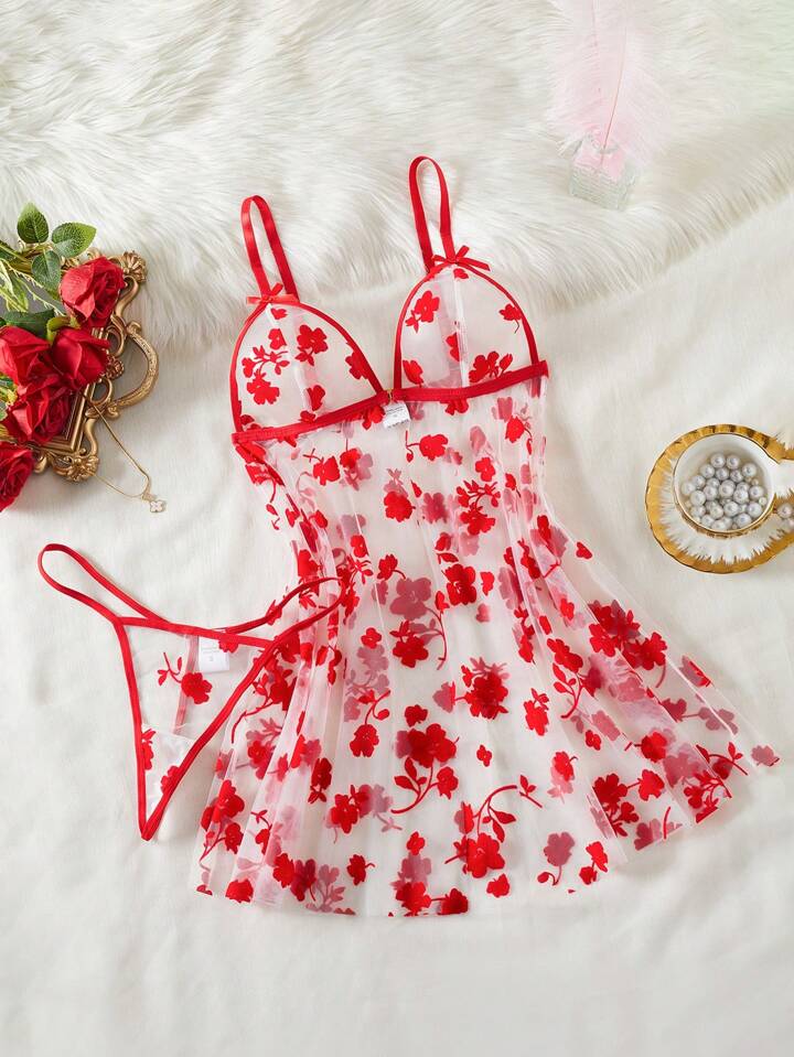 Babydoll Transparente con Estampado Floral Rojo + Tanga a Juego