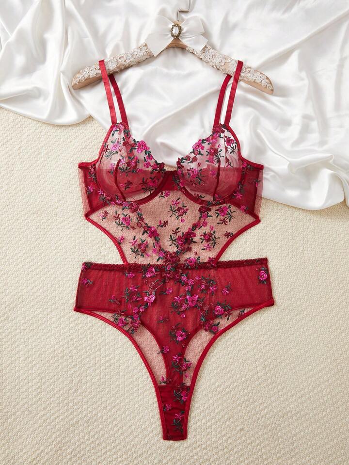Body Rojo Vino con Transparencias y Bordado Floral